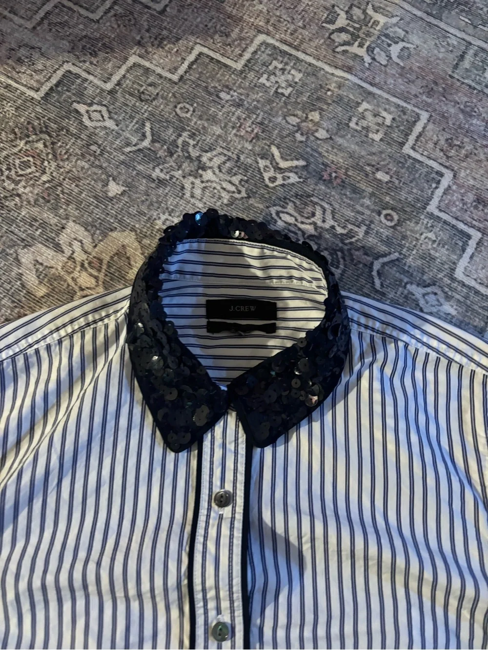 JCrew women’s Blue and White Striped Button-Down Shirt Black embellished collar